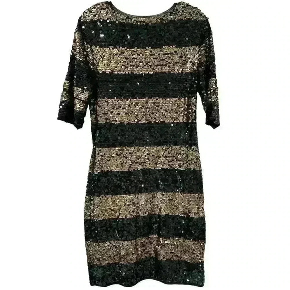 BCBGMAXAZRIA NWT Marta Black Gold Dress Size L Allover Sequin Striped Sheath - Picture 7 of 11